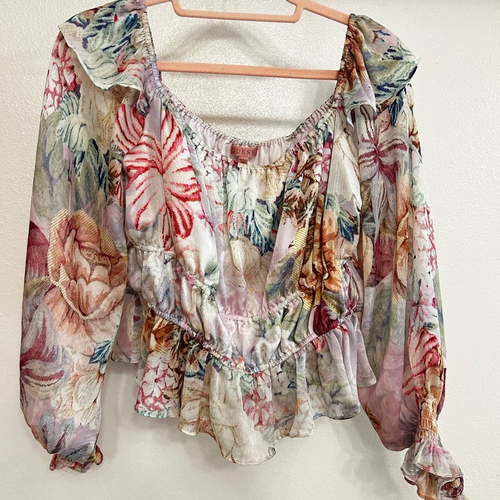 Guess Pink and Gray Flutter Sleeve Blouse